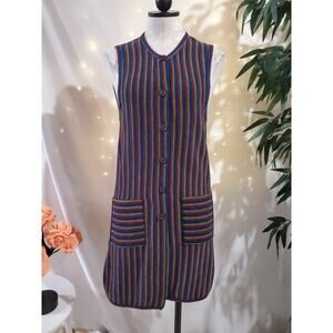 Vtg 70s Renee Tener Outlander Rainbow Button Sweater Cardigan Dress Size M Wool